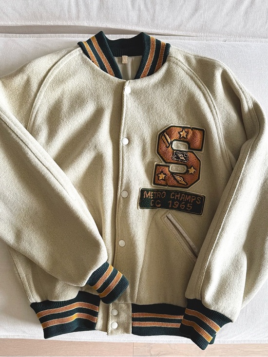 Other - Vintage-Inspired Men’s Cream Letterman Jacket with Green & Gold Trim